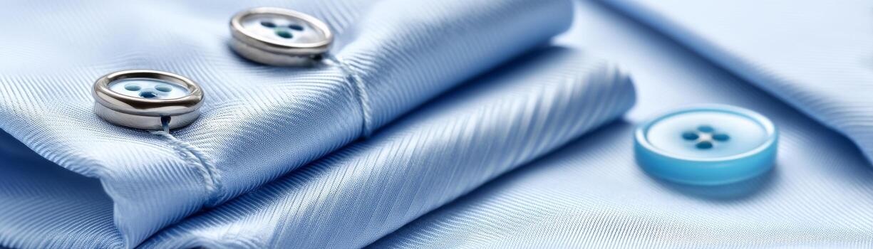 Close up of blue shirt fabric with buttons, showcasing fine stitching and smooth texture photo