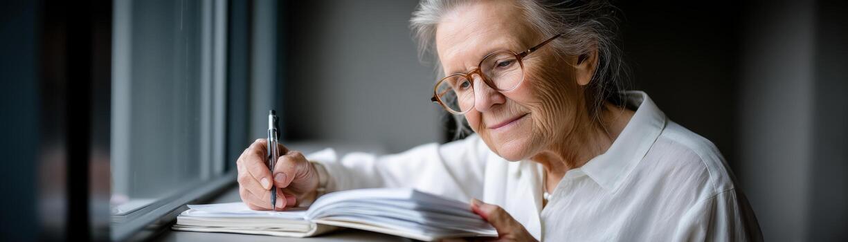 Elderly woman writing in notebook near window with thoughtful expression photo