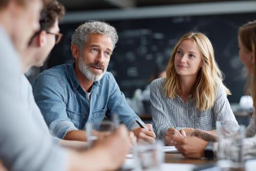 Collaborative team meeting with diverse professionals sharing ideas in modern office photo