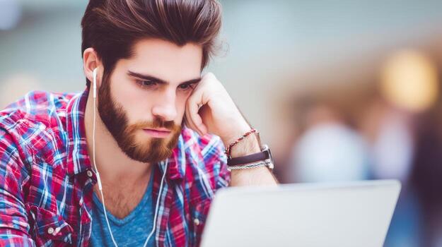 Focused man with headphones working on laptop in casual setting photo