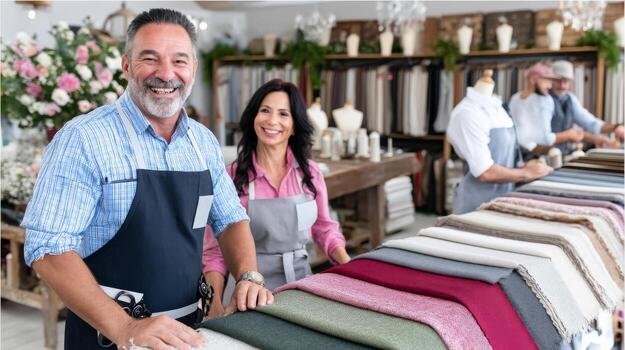 sonriente sastres en tela Tienda rodeado por vistoso textiles y de coser herramientas foto