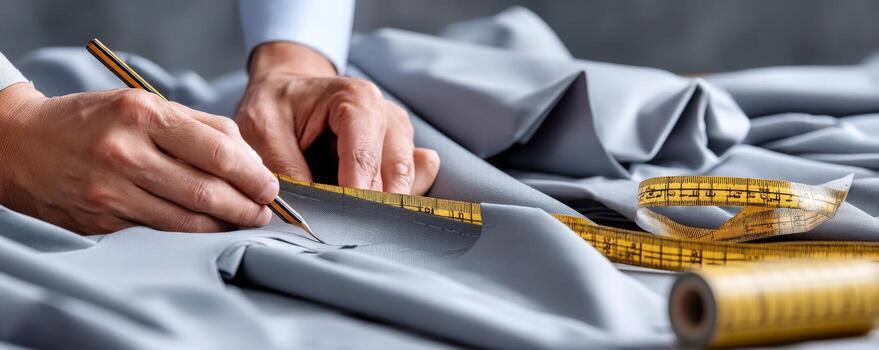 Mid aged tailor drawing chalk lines on grey fabric with precision and focus photo