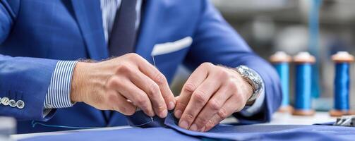 Tailor sewing blue suit with precision and fine thread in workshop photo