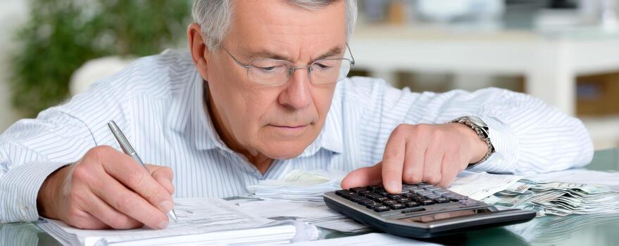 Retired man calculating monthly budget with focus and determination at home photo