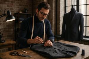 Tailor crafting suit with focus and precision in workshop setting photo