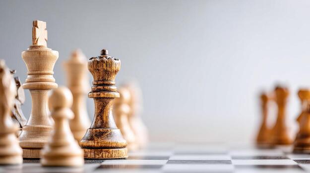 Close up of chessboard with elegant wooden chess pieces, evoking focus and strategy photo