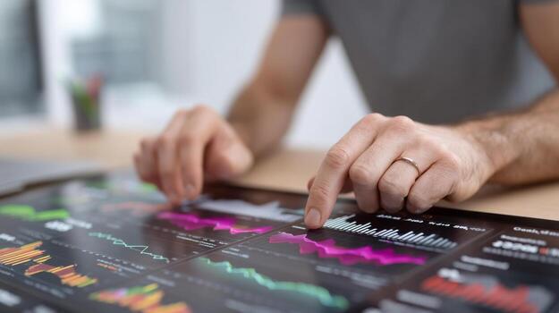 Close up of hands analyzing digital financial graphs on touchscreen with focus and precision photo