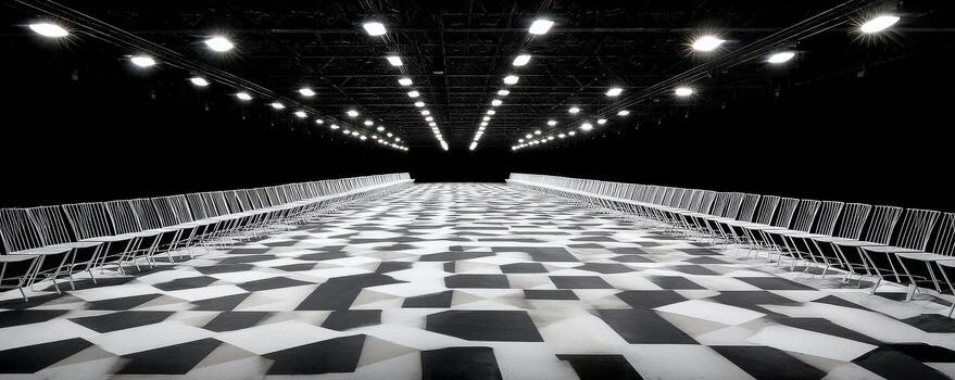 Modern runway with geometric black and white flooring and rows of chairs under bright lights photo