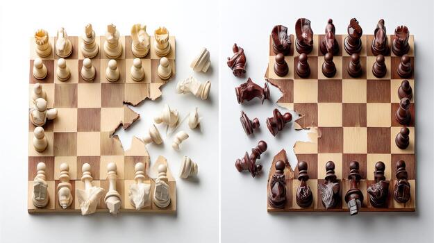 Creative image of two chessboards with broken pieces, symbolizing conflict and destruction photo