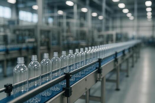Modern Bottling Plant Interior With Conveyor Belt and Empty Plastic Bottles in Industrial Setting for Beverage Production and Manufacturing Process in Factory Environment photo