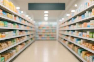 Bright Supermarket Aisle With Shelves of Groceries and Products in Soft Focus, Illuminated by Overhead Lighting, Capturing a Vibrant and Bustling Retail Environment, Ideal for Commercial Use photo