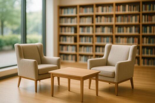 Cozy Library Corner With Armchairs and Wooden Table in Bright Natural Light for Relaxed Reading and Study Experience photo