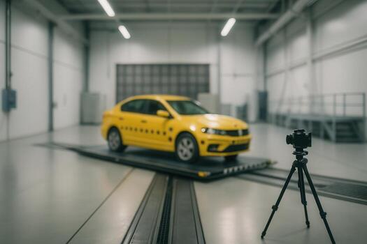 Yellow Car Positioned in Industrial Crash Test Facility with Tripod and Camera Setup in Modern Testing Environment photo