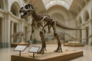 Dinosaur Skeleton Exhibit in Museum with Grand Hall Architecture and Informational Plaques in Foreground photo