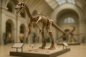 Dinosaur Skeleton Exhibit in Museum with Detailed Close-Up Display in Modern Gallery Setting Featuring Dramatic Lighting and Architectural Arches Capturing History and Science in Focus photo