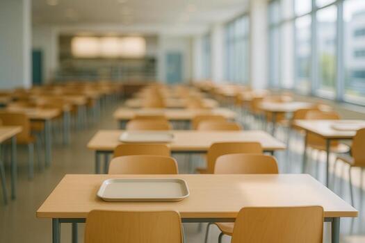 Empty College Cafeteria With Wooden Chairs and Tables Creating a Serene Atmosphere in a Brightly Lit Space photo