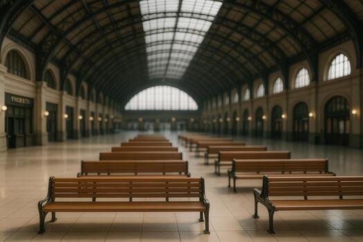 Grand Train Station Interior with Row of Benches and Arched Ceiling in Soft Daylight, Capturing Historical Architecture, Perfect for Travel Themes and Urban Exploration photo