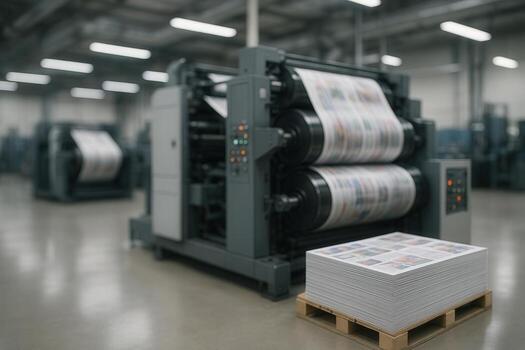 High Speed Printing Press in Industrial Setting with Stacks of Printed Sheets in Factory Environment photo
