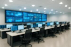 High Tech Control Room with Multiple Computer Stations and Digital Display Screens in Modern Office Environment photo