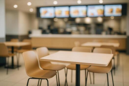 Modern Fast Food Interior with Empty Chairs and Menu Displays Highlighting Clean Design and Bright Lighting photo