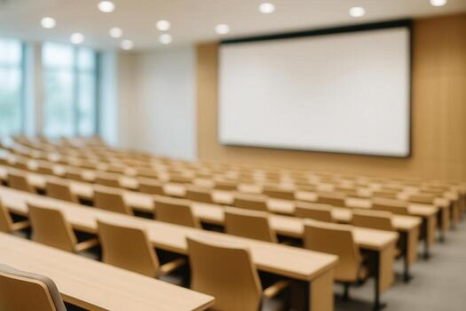 Modern Lecture Hall With Rows of Wooden Chairs and Large Projection Screen for Educational Seminar and Conference Events photo