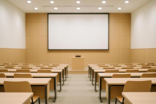 Modern Lecture Hall With Wooden Furnishings and Projector Screen for Educational or Conference Use photo