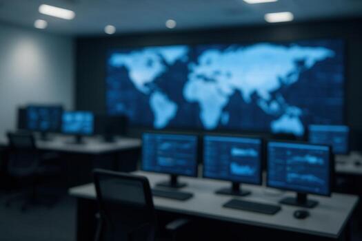 Modern Network Operations Center With Multiple Computer Screens and Digital World Map Display photo