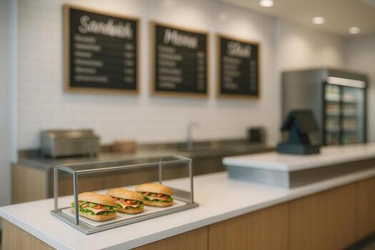 Modern Sandwich Shop Interior with Fresh Subs on Display Counter and Menu Boards in Background photo