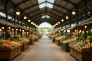 Vibrant Open Air Market Hall With Wooden Stalls and Fresh Produce Display in Warm Lighting Under a Spacious Roof photo