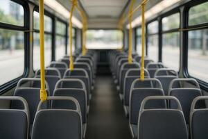 Pristine Interior Of Modern Public Transit Bus With Rows Of Empty Seats And Yellow Rails In Daylight Urban Setting photo