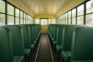 Pristine School Bus Interior with Symmetrical Green Seats and Bright Lighting for Educational Transportation Design photo
