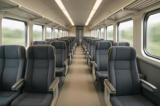 Modern Sleek Train Interior with Comfortable Seating Arrangements in Minimalistic Design and Soft Lighting for Relaxed Traveling Experience photo