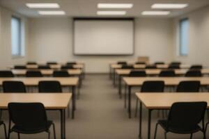 Modern Training Room with Projector and Wooden Tables in Corporate Office Setting for Effective Presentations and Workshops photo