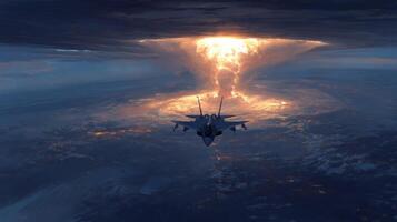 Operating in a thermonuclear storm, an AI-controlled vertical defense jet navigates through turbulent skies as the earth's surface glows ominously below. photo