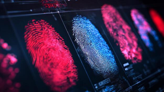 Vibrant fingerprint patterns glow in red and blue, displayed on a high-tech screen at a security lab, highlighting biometric technology's role in identity verification and security systems. photo