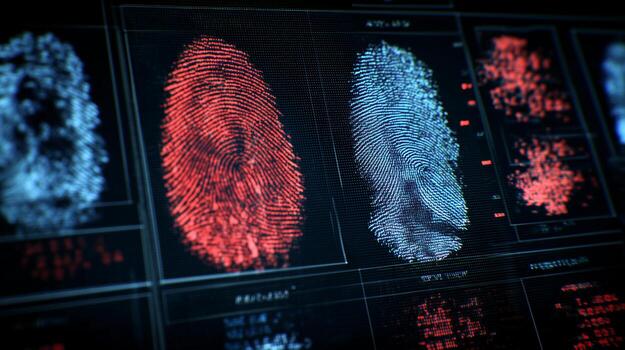 Biometric technologies are showcased through a digital interface displaying detailed eye scans and fingerprint patterns. This innovative approach highlights security advancements in identification. photo