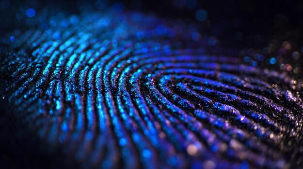 A detailed view of a fingerprint captured in vibrant blue and purple light emphasizes the unique patterns of biometric data. This highlights the importance of security and identification technology. photo