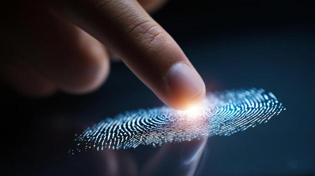 A finger gently touches a glowing fingerprint pattern on a digital surface, highlighting biometric identification technology and its focus on security and innovation. photo