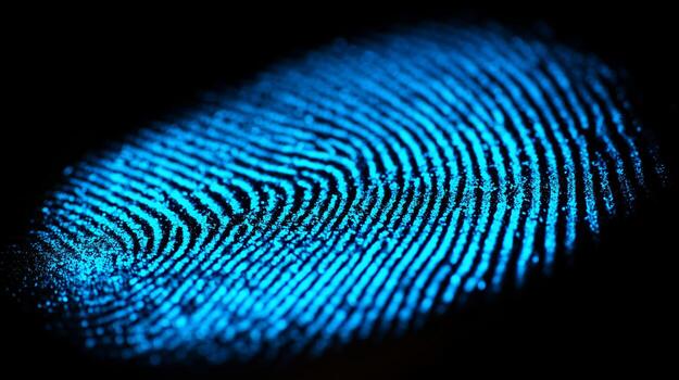 Advanced biometric security technology highlights a luminous fingerprint pattern. This glowing print illustrates unique identification features for enhancing access control and verification systems. photo