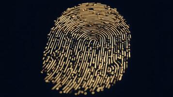 A detailed biometric fingerprint composed of golden lines is displayed against a solid background, highlighting the unique patterns used for identification and security purposes. photo