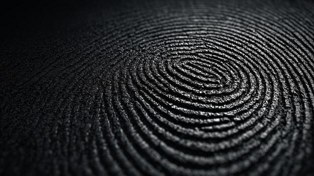 Detailed exploration of biometric patterns focusing on an intricate fingerprint design etched into a textured black surface, highlighting unique lines and curves. photo