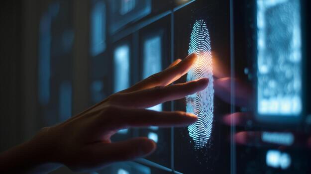 An advanced biometric scanning system is being utilized for identity verification. A person's hand is poised over a digital fingerprint scanner, showcasing biometric technology in action. photo