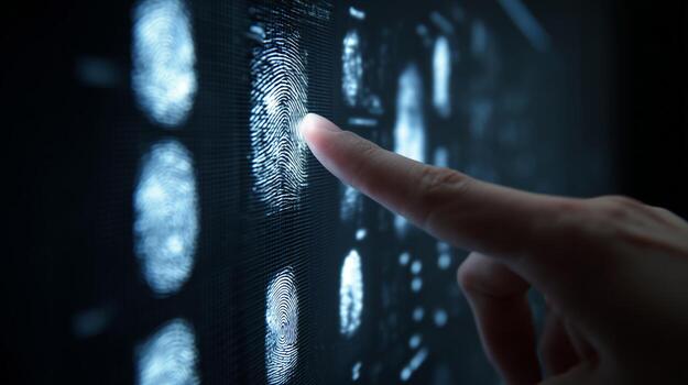 A person interacts with an advanced biometric system, examining detailed fingerprint patterns on a digital interface, showcasing modern security technology in action. photo