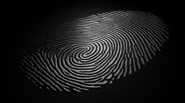 An intricate fingerprint pattern is displayed against a dark background, illustrating the sophistication of biometric technology that can analyze unique identity traits through fingerprints. photo