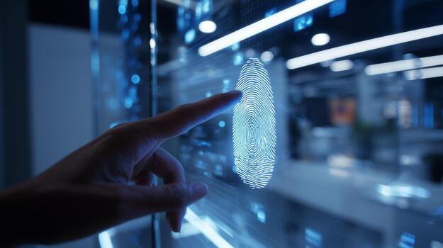 A person interacts with a holographic display featuring a fingerprint pattern, demonstrating advanced biometric technology in a sleek, modern environment. photo