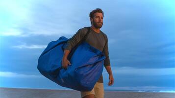 A man walks along the shore with a large blue bag, set against a backdrop of a twilight sky and ocean waves. The serene mood evokes a sense of adventure. photo