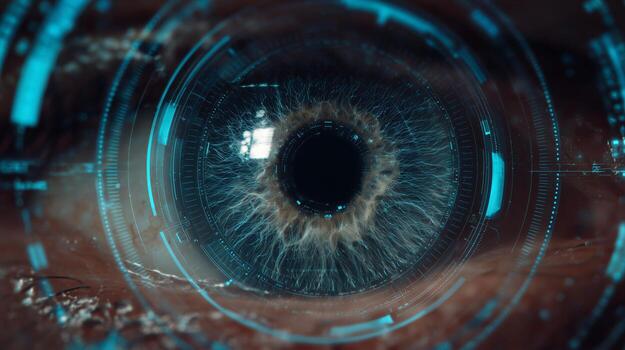 A close-up view of an eye showcasing advanced biometric technology. The swirling patterns and electronic overlays highlight innovations in identification systems at a futuristic lab. photo