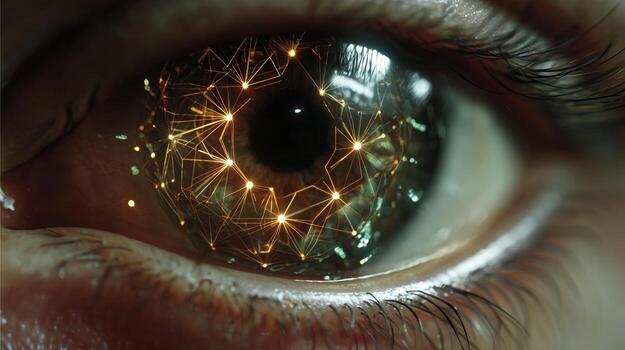 A close-up of an eye shows intricate connections and patterns created by biometric technology. The clock ticks as advanced algorithms process biometric data for security purposes. photo