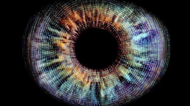 An abstract biometric eye uses vibrant colors and data streams to showcase the blend of technology, identity verification, and fingerprint recognition in todays security systems. photo