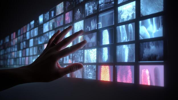 Human hand interacts with a digital display featuring biometric identification methods such as eye scans and fingerprints. The technology on display highlights advancements in security measures. photo